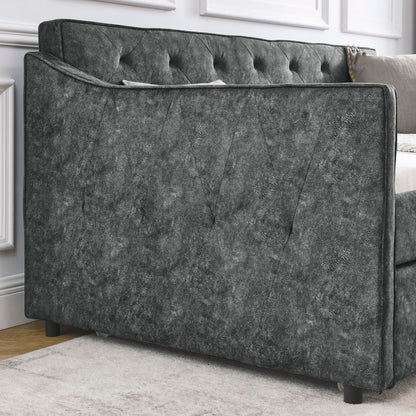 KEIKI Twin Size Upholstery Daybed with Twin Size Trundle and Headboard, Mid-Century Style Tufted Sofa Bed with Waved Arms, Easy Assembly, No Box Spring Required, for Living Room, Grey