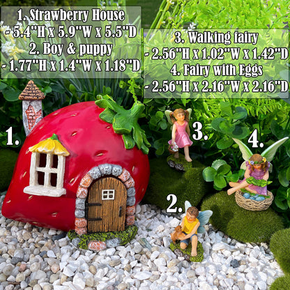 Mood Lab Fairy Garden Figurines - Strawberry House Set (4 pcs) - Miniature Decorative Statues & Accessories - Outdoor & Indoor Garden Decor