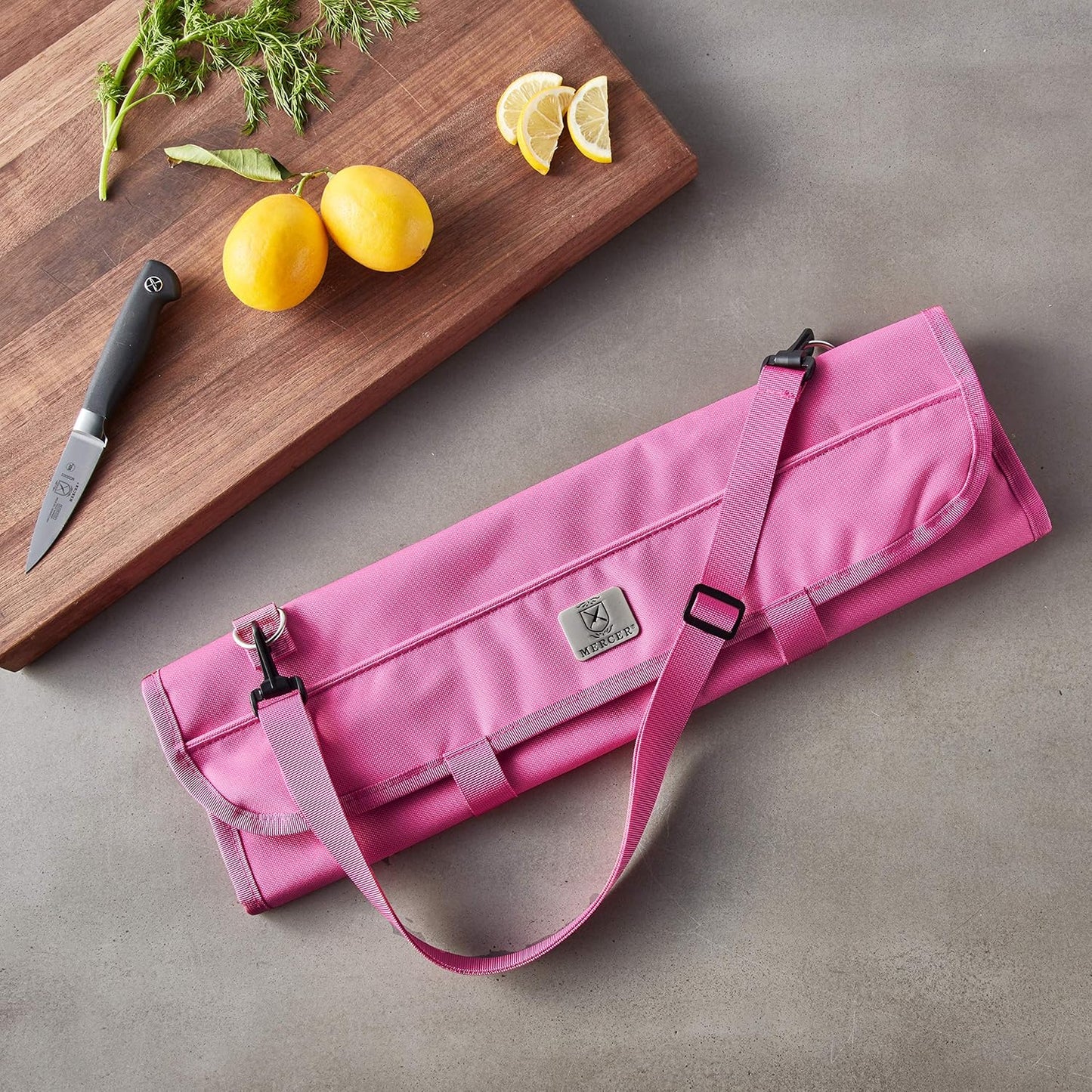 Mercer Culinary 7-Pocket Knife Roll Storage Bag in Pink