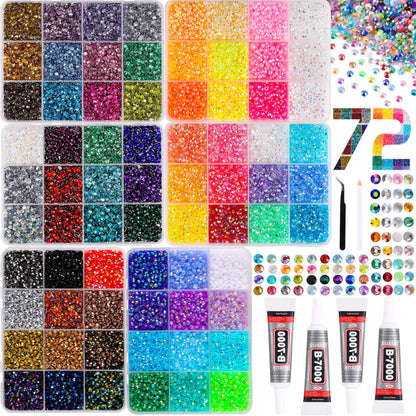 LERBOU 45000pcs Bedazzling Kit with 6 Box - 72 Colors Resin Jelly Rhinestones, 4×10ml B7000 Jewelry Glue Multicolor 3mm Flatback Sparkling Gems for Nail Art, Crafts, Clothing, Diamond Painting