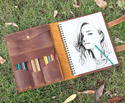 Robrasim Handmade Leather Sketchbook Cover, Artist Sketch Pad Holder for 9"X12" Sketchbook, Drawing Book and Pencil Case, Journal Notebook Portfolio with Shoulder Strap, Artist Gifts, Brown