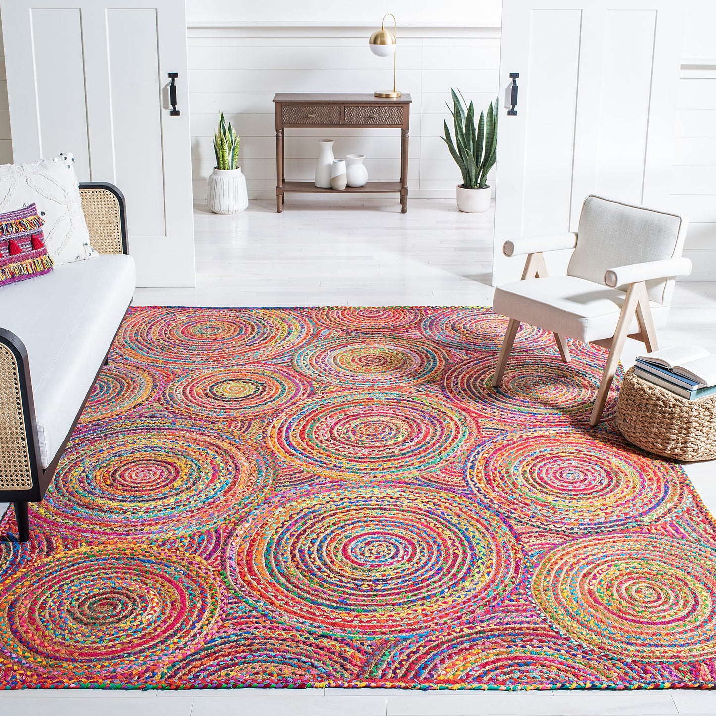 SAFAVIEH Cape Cod Collection Area Rug - 9' x 12', Red & Multi, Handmade Boho Braided Circles Jute & Cotton, Ideal for High Traffic Areas in Living Room, Bedroom (CAP203A)