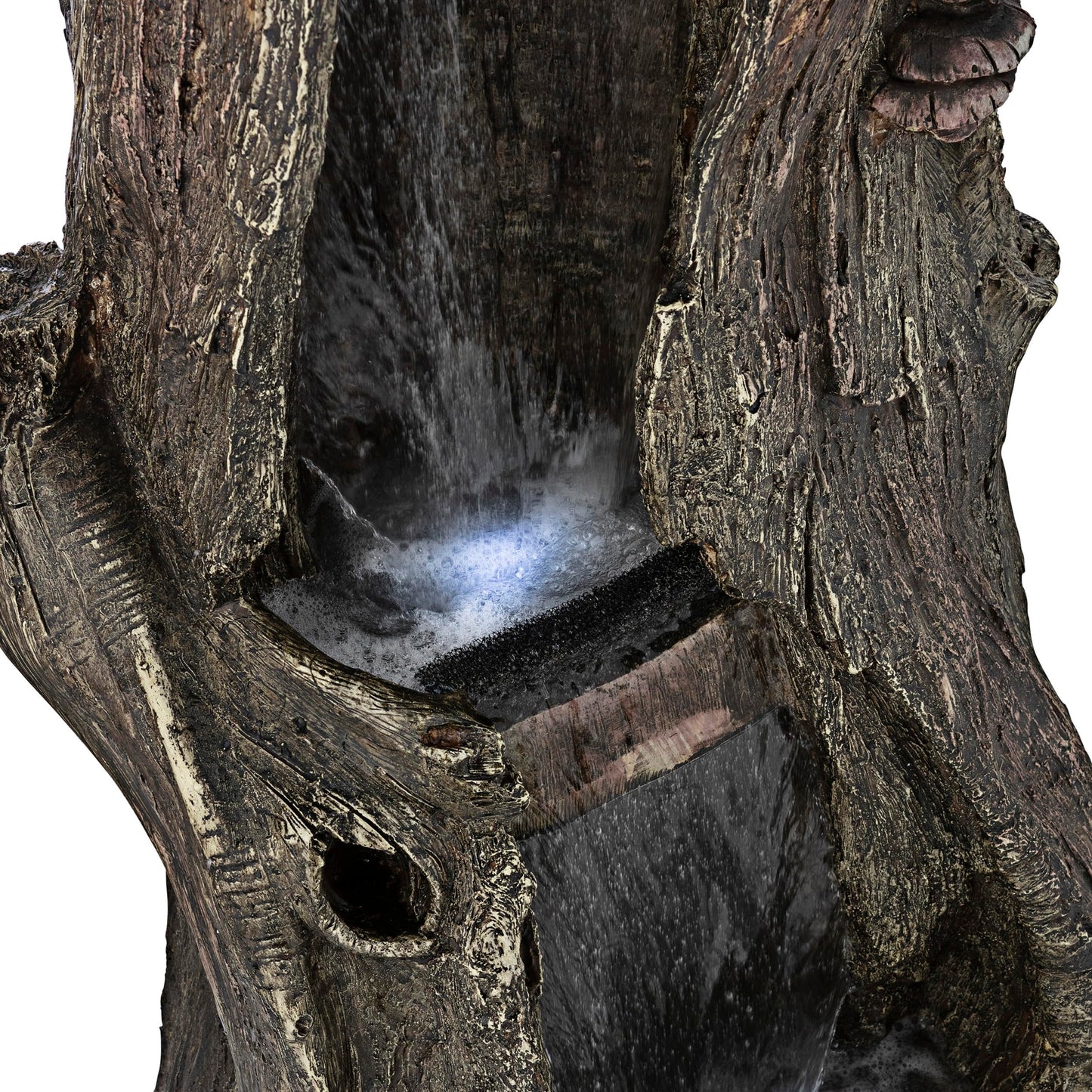 Alpine Corporation WIN258 Outdoor Rainforest Waterfall Tree Trunk Floor Fountain with LED Lights, Tiered Garden Decor, 41" H, Brown