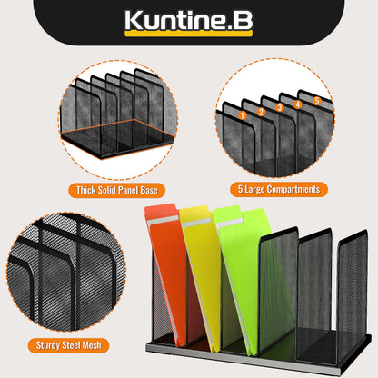 Kuntine.B Desk File Organizer 5 Sections Upright Mesh Desktop Organizer File Sorter Office Organization File Holder for Home, Office & Classroom