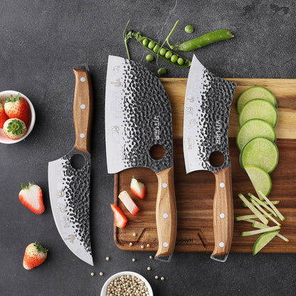 3PCS Butcher Knife Set, Hand Forged 7" Butcher Meat Cleaver, 7" Serbian Chef and 6.5" Viking Knife, Great for Indoor & Outdoor (Stylish Pattern Design)