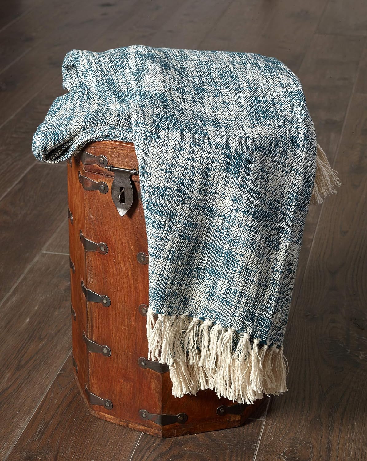 LR Home 50x60 Inch Soft Hand-Woven Distressed Fall Blanket Blue/Ivory | Warm Throw for Bed, Sofa, Couch, Living Room