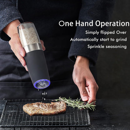 Gravity Electric Pepper and Salt Grinder Set, Battery Operated Mill with Blue LED Light, One Hand Operation, Adjustable