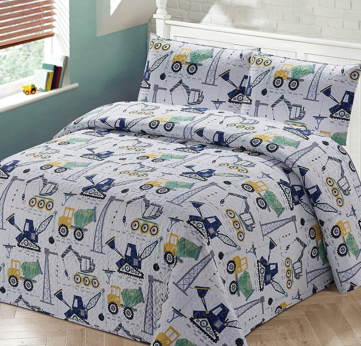 Kids Zone Home Linen Set Bedspread Coverlet Quilt Kids/Teens Boys Construction Crane Trucks Cement Truck White Blue
