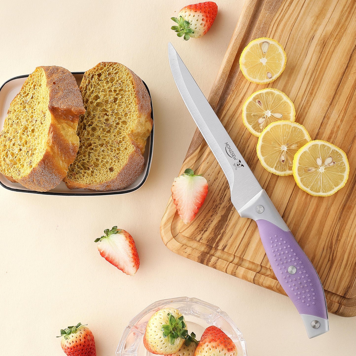 MONGSEW 3PCS Boning Knife, German Stainless Steel Fillet Knives, 6 inch Curved Boning Deboning Filet Fillet Knife for Meat, Fish, Poultry, Cutting, Trimming, Ergonomic Rubber Handle, Dishwasher Safe