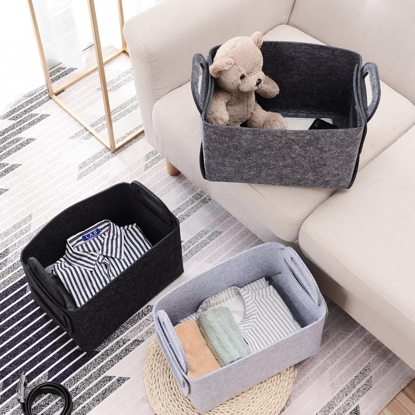 Collapsible Felt Storage Basket, Convenient Box Organizer with Carry Handles for Office, Bedroom, Closet, Toys, Laundry
