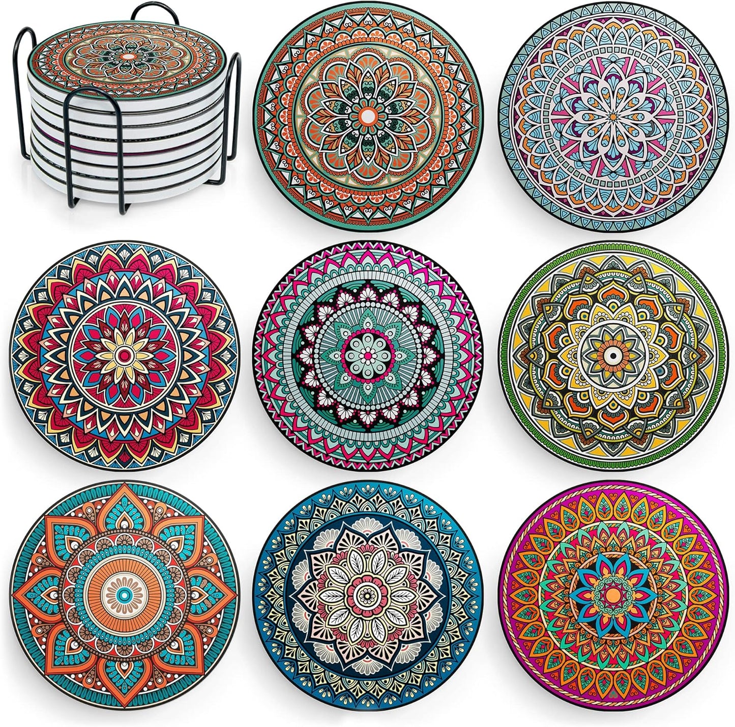 8 Set Mandala Drink Coasters with Holder - Ceramic Boho Coaster for Drinks Absorbent with Cork Base and Black Holder