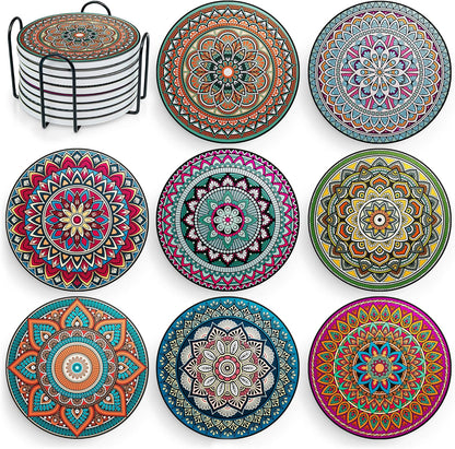 8 Set Mandala Drink Coasters with Holder - Ceramic Boho Coaster for Drinks Absorbent with Cork Base and Black Holder